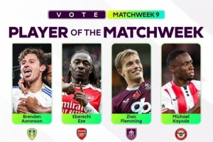 英超官方评第9轮最佳球员候选：埃泽、姆伯莫领衔，范德芬在列