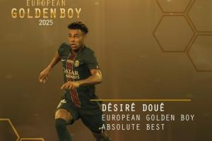 实至名归！官方：20岁杜埃荣膺2025年金童奖，16球16助1年5冠